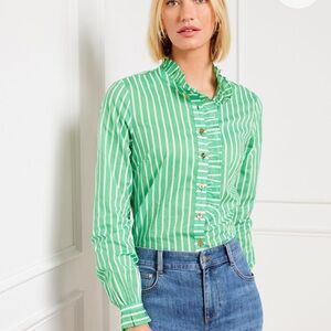Talbots Ruffle Blouse w/Nautical Green and White Stripes; 100% Cotton
